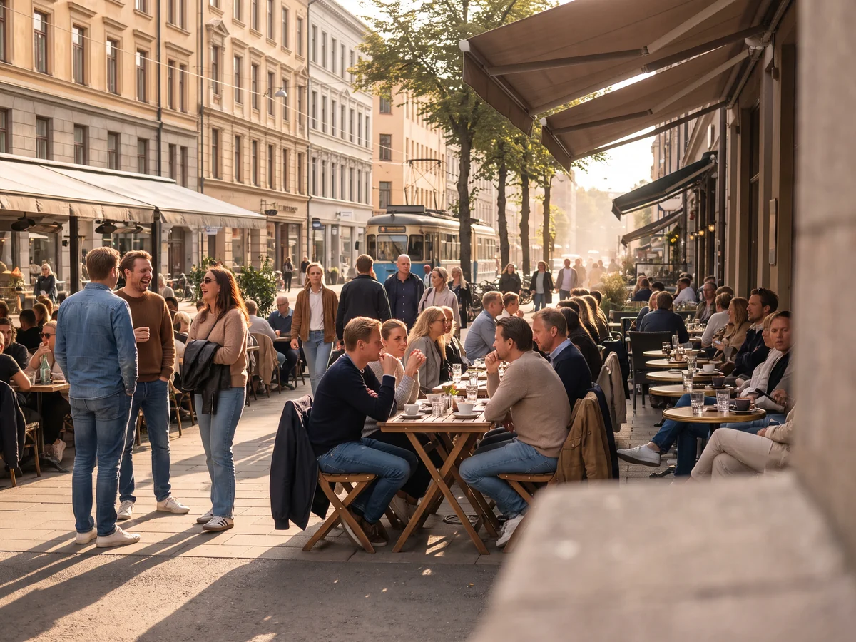 A summer city street with full terraces