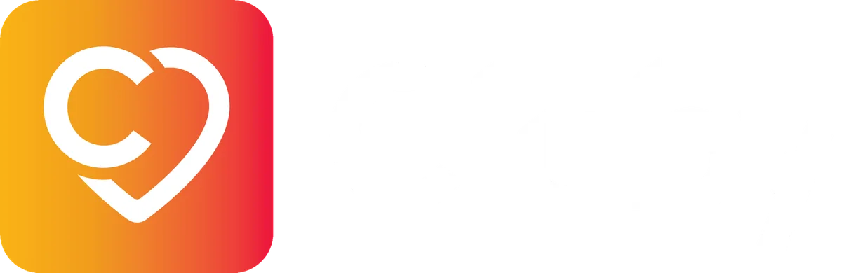 Cluby-logo, vaaka — Oranssi ikoni, valkoinen teksti