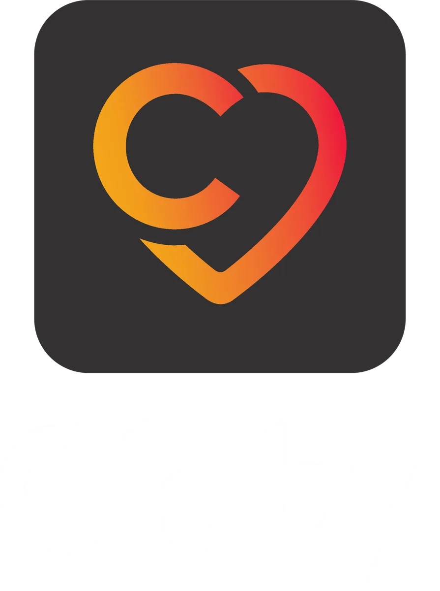 Cluby-logo, pysty — Tumma ikoni, valkoinen teksti