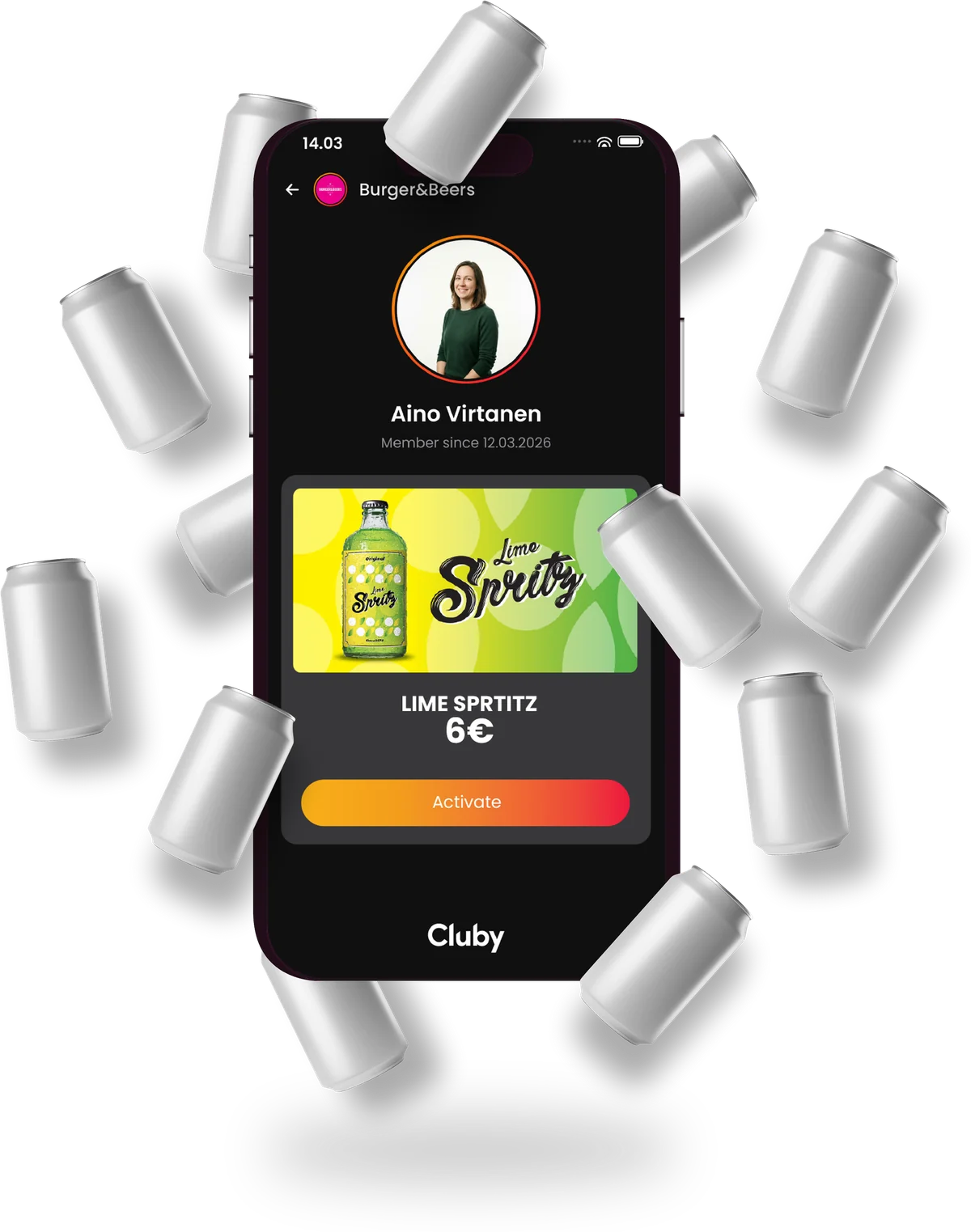 The Cluby app on a phone, surrounded by blank 330 ml drink cans